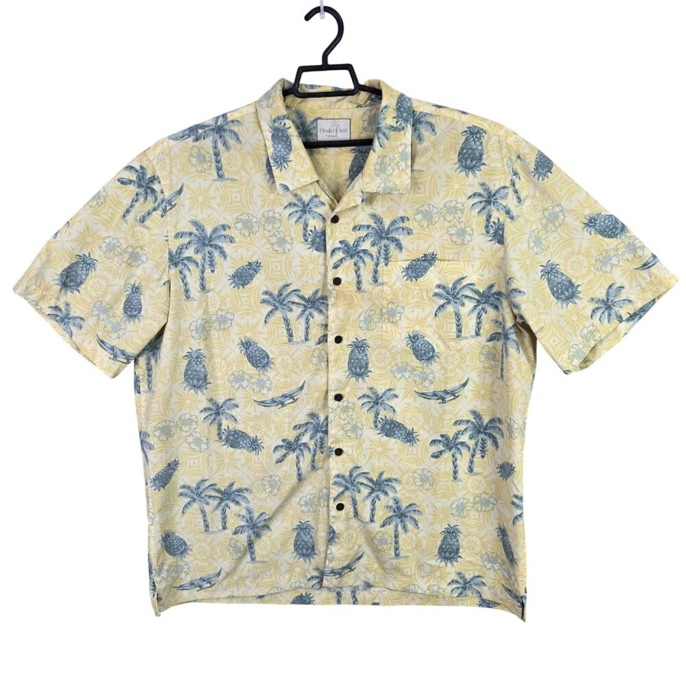 Mens Trader Bay Yellow Hawaiian Shirt Button Up Palm & Pineapple Polyester XL